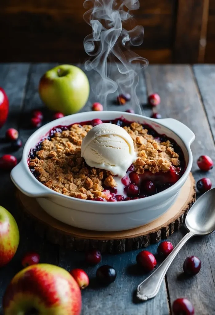 A rustic kitchen table with a steaming cranberry apple crisp surrounded by fresh cranberries and apples, with a scoop of vanilla ice cream melting on top