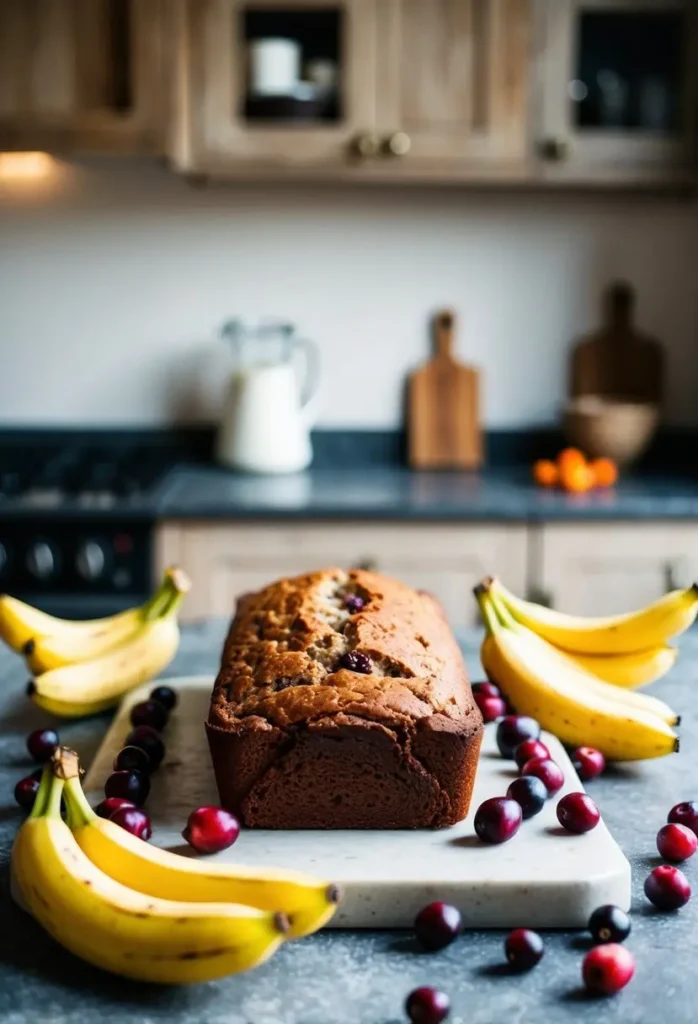 A rustic kitchen counter with a loaf of cranberry banana bread surrounded by fresh cranberries and bananas