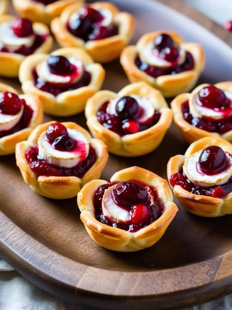 A festive platter of cranberry brie bites on the wooden table