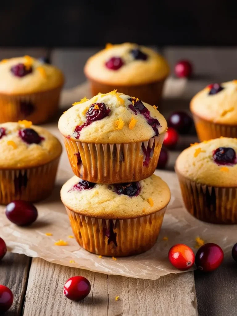 Freshly baked cranberry orange muffins stacked and arranged on a rustic wooden surface, adorned with vibrant cranberries and orange zest, showcasing a golden brown color and moist texture, perfect for fall-themed recipes.