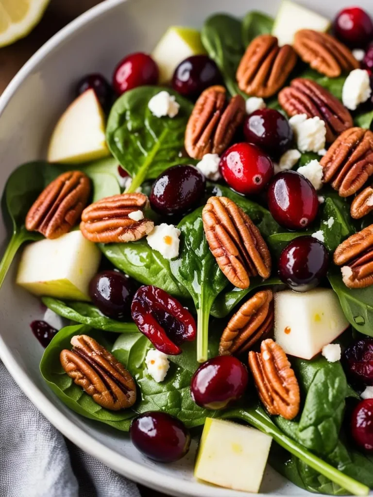 A wooden salad bowl filled with vibrant red cranberries, crunchy pecans, and fresh greens, surrounded by scattered ingredients and a drizzle of dressing