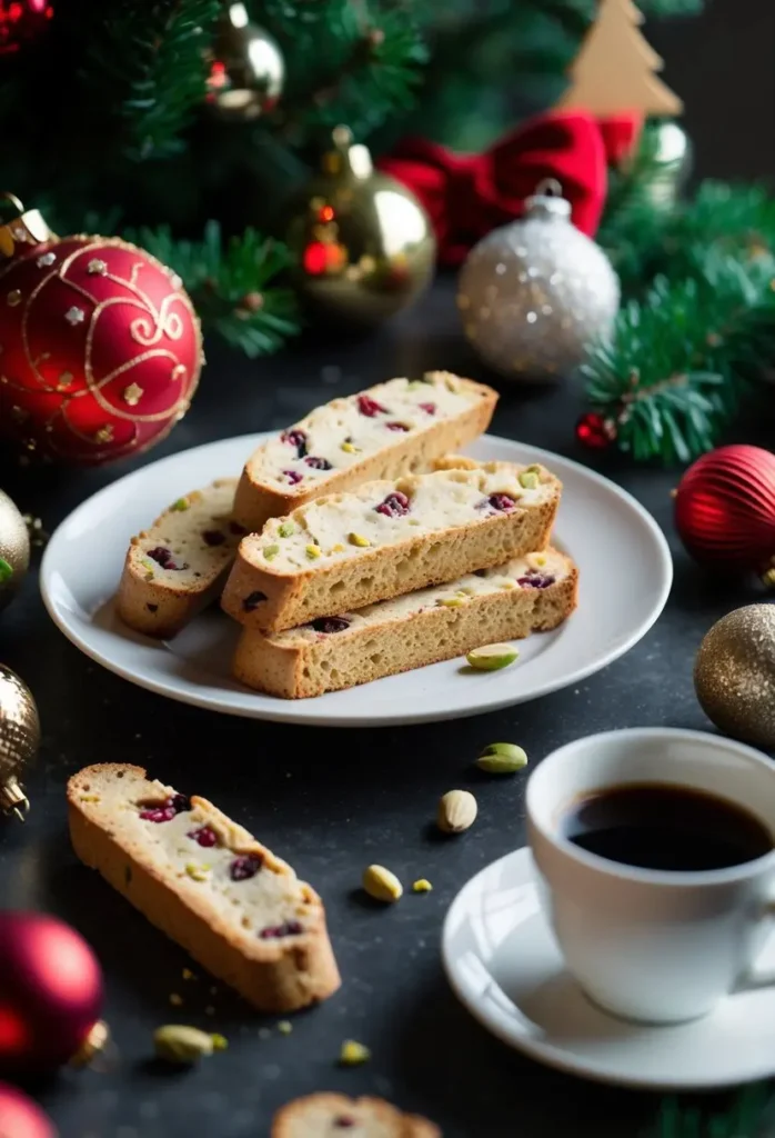 A festive holiday scene with a plate of cranberry pistachio biscotti surrounded by Christmas decorations and a warm cup of coffee