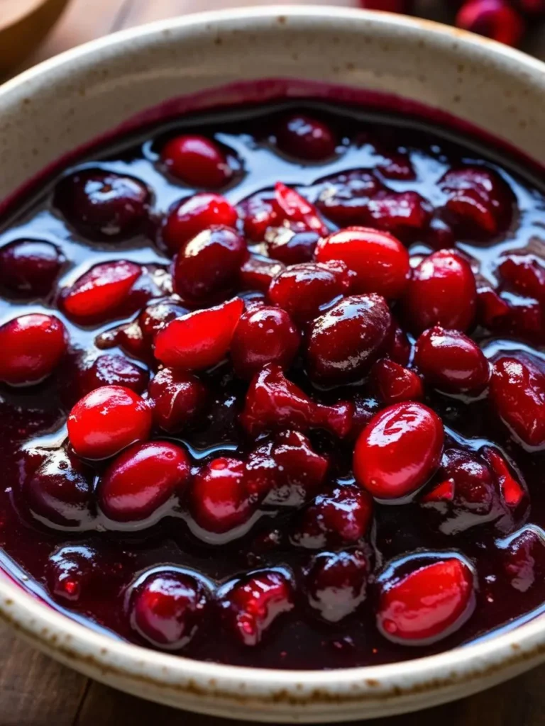 A bowl of cranberry sauce with a rich, deep red color