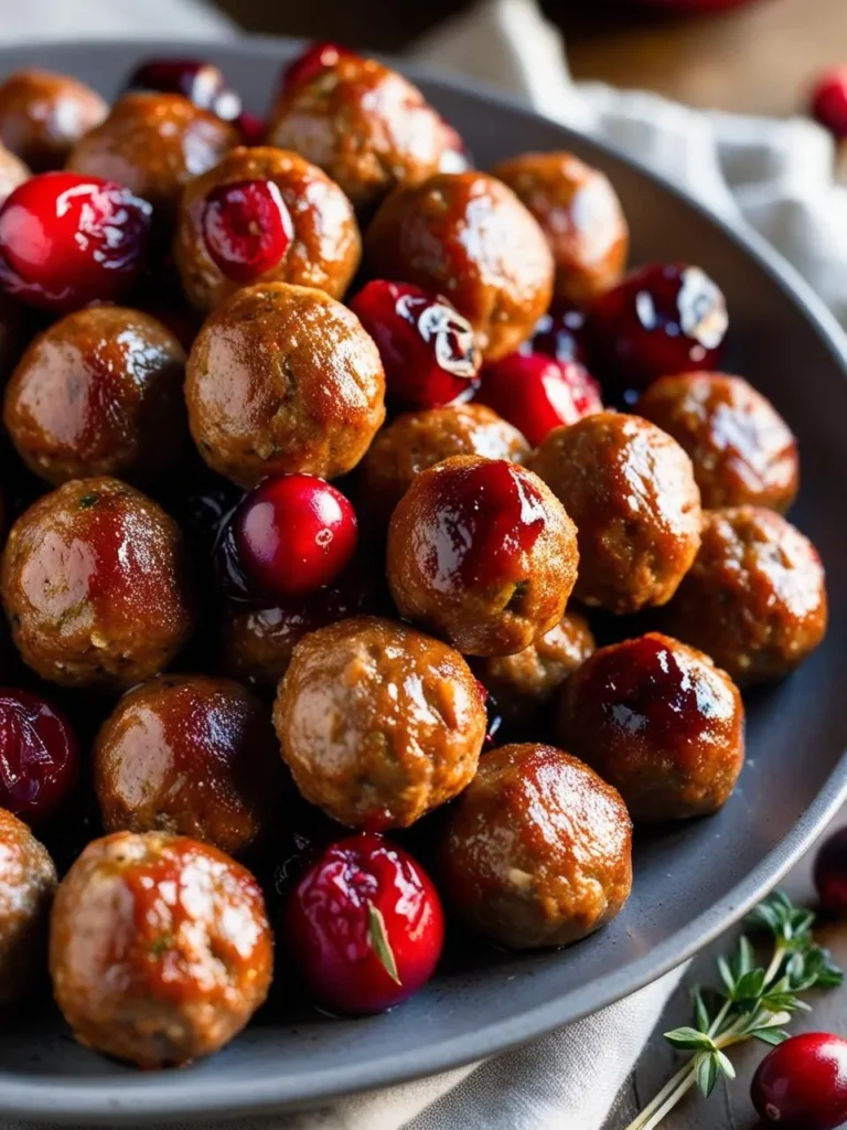 A plate of cranberry turkey meatballs surrounded by fresh cranberries and garnished with herbs