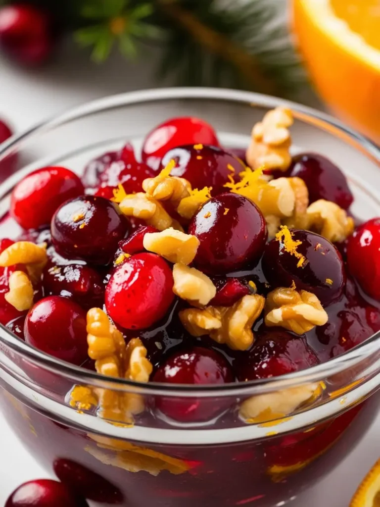 A wooden bowl filled with cranberries and walnuts