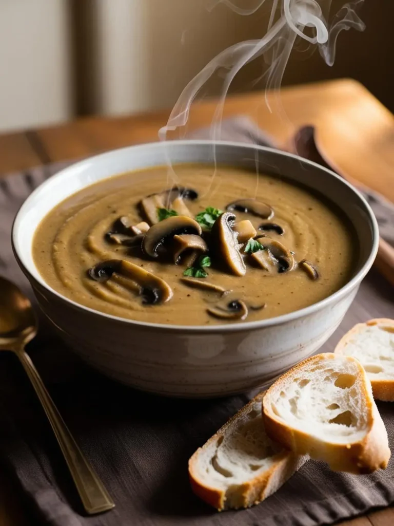 A steaming bowl of creamy mushroom soup garnished with sautéed mushroom slices and fresh parsley. The bowl is set on a dark cloth with slices of crusty bread and a golden spoon on the side, creating a warm and inviting presentation.