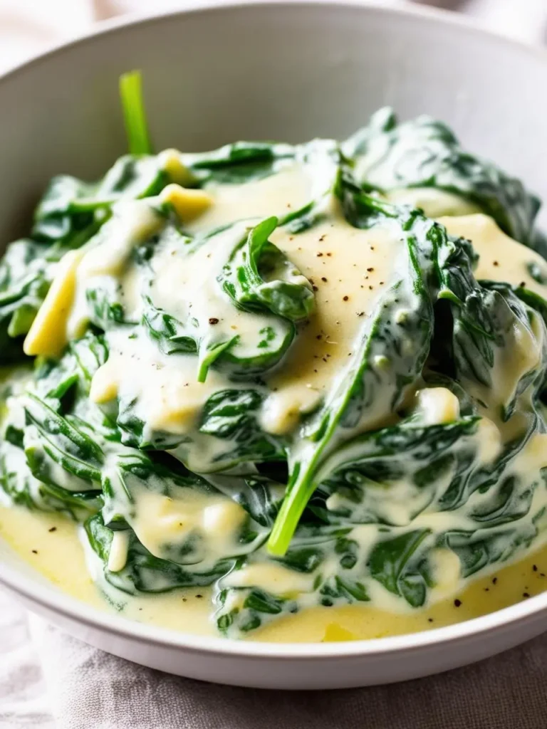 A bowl of creamy spinach, topped with a sprinkle of black pepper. The spinach is cooked to perfection and is covered in a rich, creamy sauce.