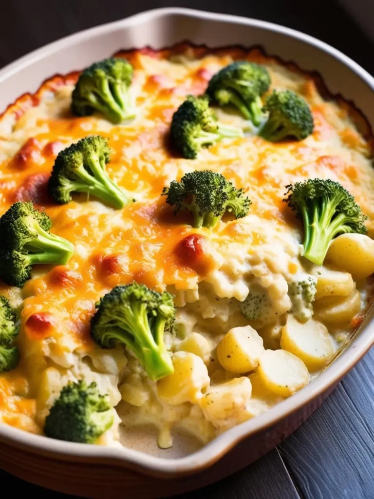 A bubbling casserole dish filled with creamy broccoli and potato, topped with a golden brown crust