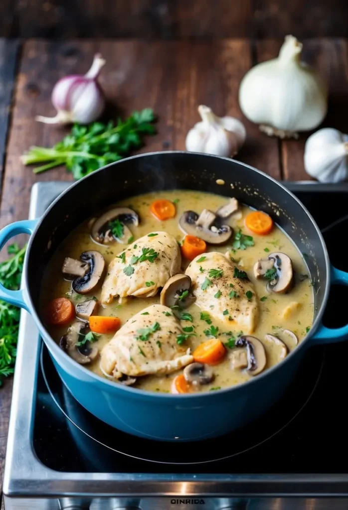 A bubbling pot of creamy chicken and mushroom stew simmering on a rustic stove. Onions, garlic, and herbs scattered nearby