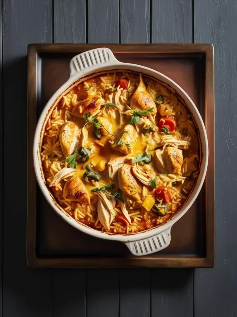 A top-down view of a creamy chicken and rice casserole served in a round, white baking dish on a dark wooden tray. The dish is filled with tender chunks of chicken, cooked rice, and mixed vegetables such as bell peppers and leafy greens, all covered in a rich, golden sauce.