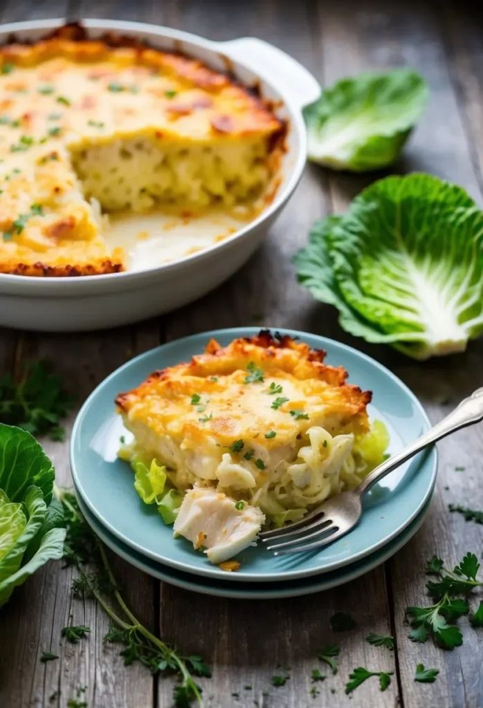 A golden-brown creamy chicken cabbage bake sits on a rustic wooden table surrounded by fresh cabbage leaves and scattered herbs