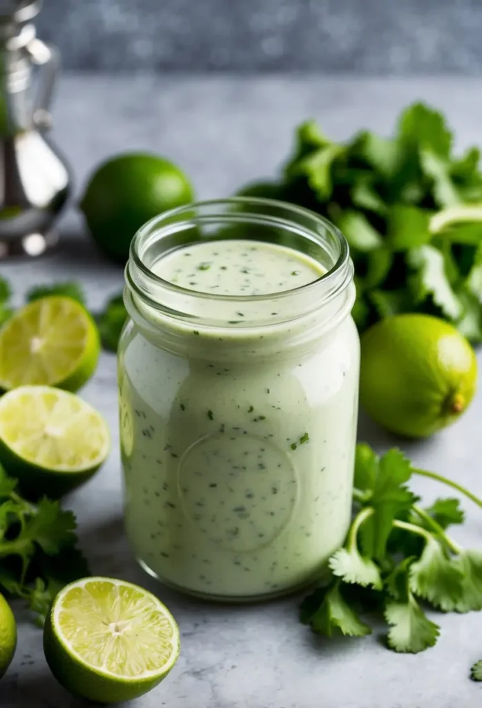 A clear glass jar filled with creamy green cilantro lime dressing, surrounded by fresh ingredients like limes, cilantro, and olive oil