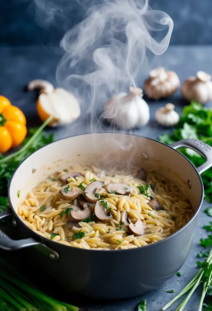 A pot of orzo pasta cooking in a creamy garlic mushroom sauce, steam rising, surrounded by fresh ingredients