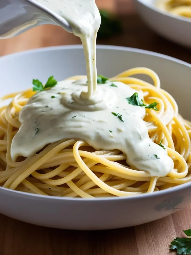 This is an image of a bowl of spaghetti being topped with creamy garlic Parmesan sauce. The sauce is being poured over the pasta, coating it in a rich, smooth layer. Garnished with fresh parsley, this dish looks warm and appetizing, perfect for a comforting meal.