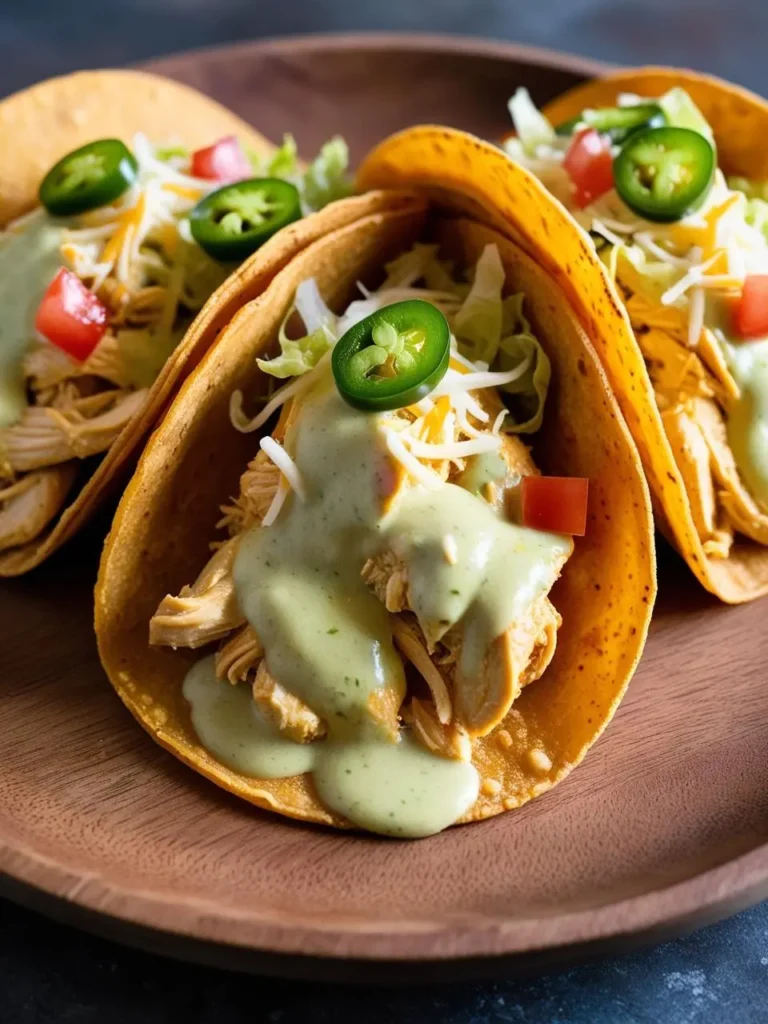 Three crispy tacos filled with shredded chicken, topped with lettuce, tomato, cheese, jalapeños, and a creamy avocado sauce. The tacos look delicious and perfect for a quick and easy meal.