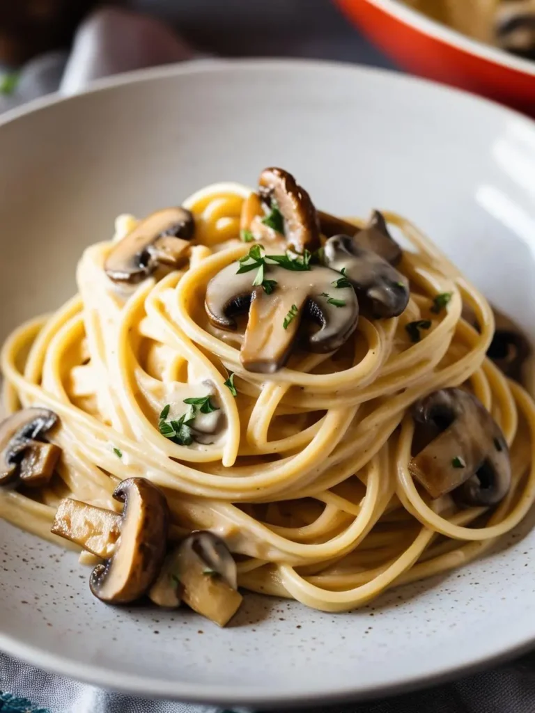 A steaming plate of creamy mushroom carbonara on the plate