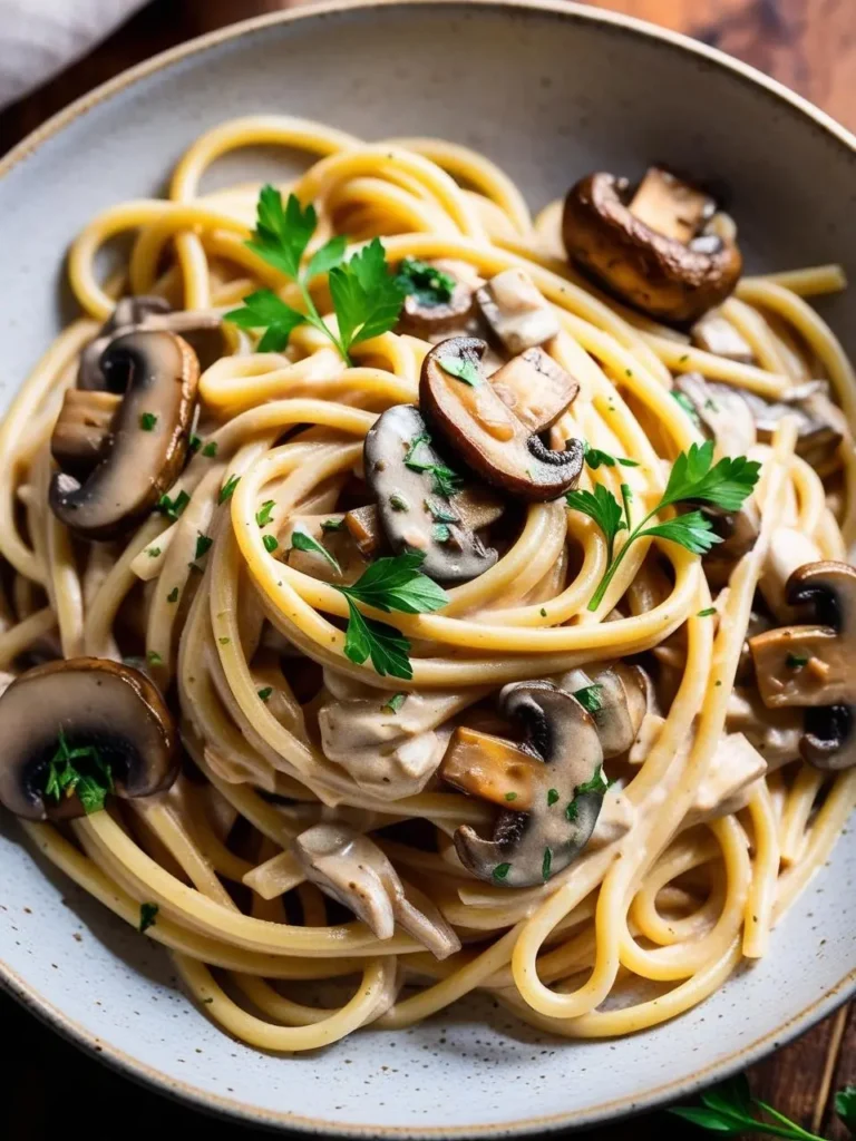 A plate of spaghetti tossed with a creamy mushroom sauce and topped with fresh parsley. The dish looks delicious and creamy, perfect for a comforting meal.