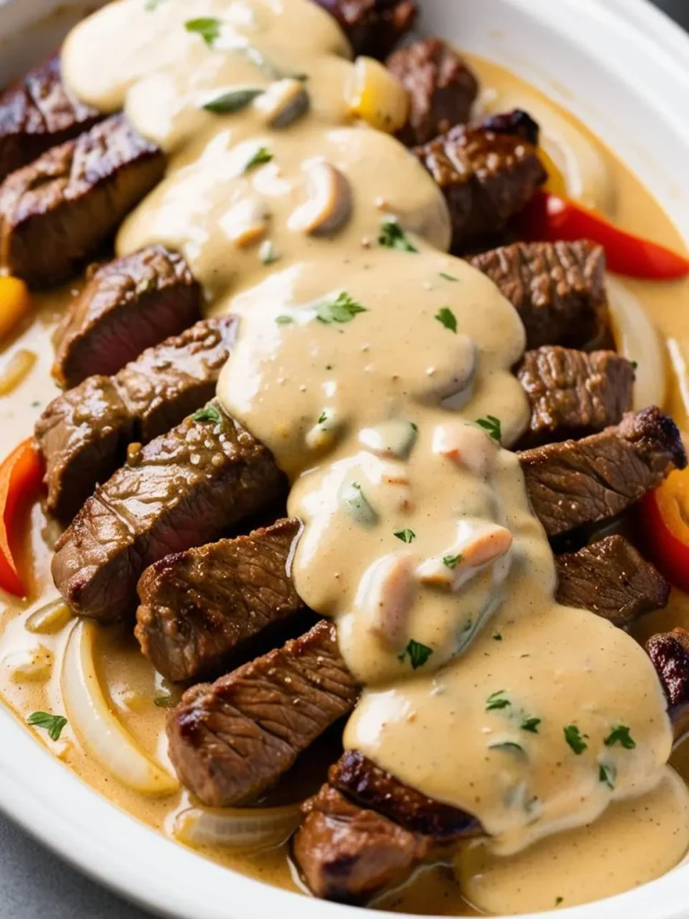 A plate of sliced steak covered in a creamy mushroom sauce with onions and peppers on the side.