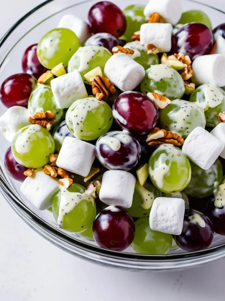 A festive fruit salad with red and green grapes, marshmallows, and pecans, drizzled with a creamy dressing.