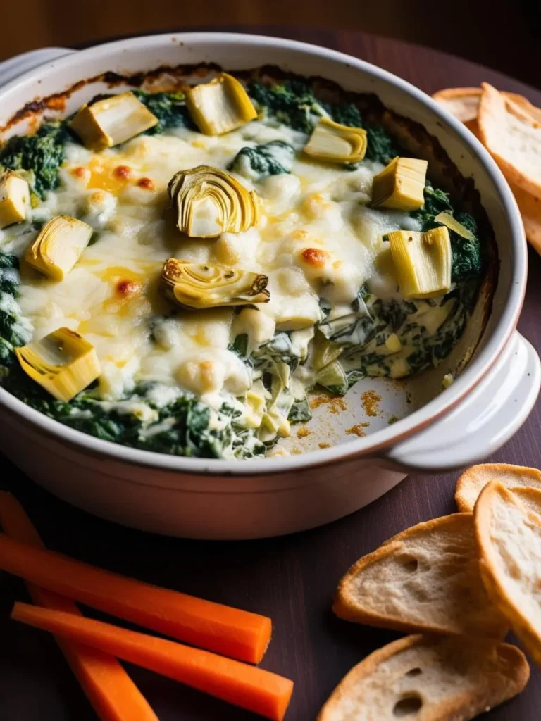 A creamy spinach and artichoke dip, baked in a white ceramic dish. The dip is topped with melted cheese and roasted artichoke hearts. A scoop of dip has been taken out, revealing the creamy filling. The dish is accompanied by a plate of crackers and carrot sticks.