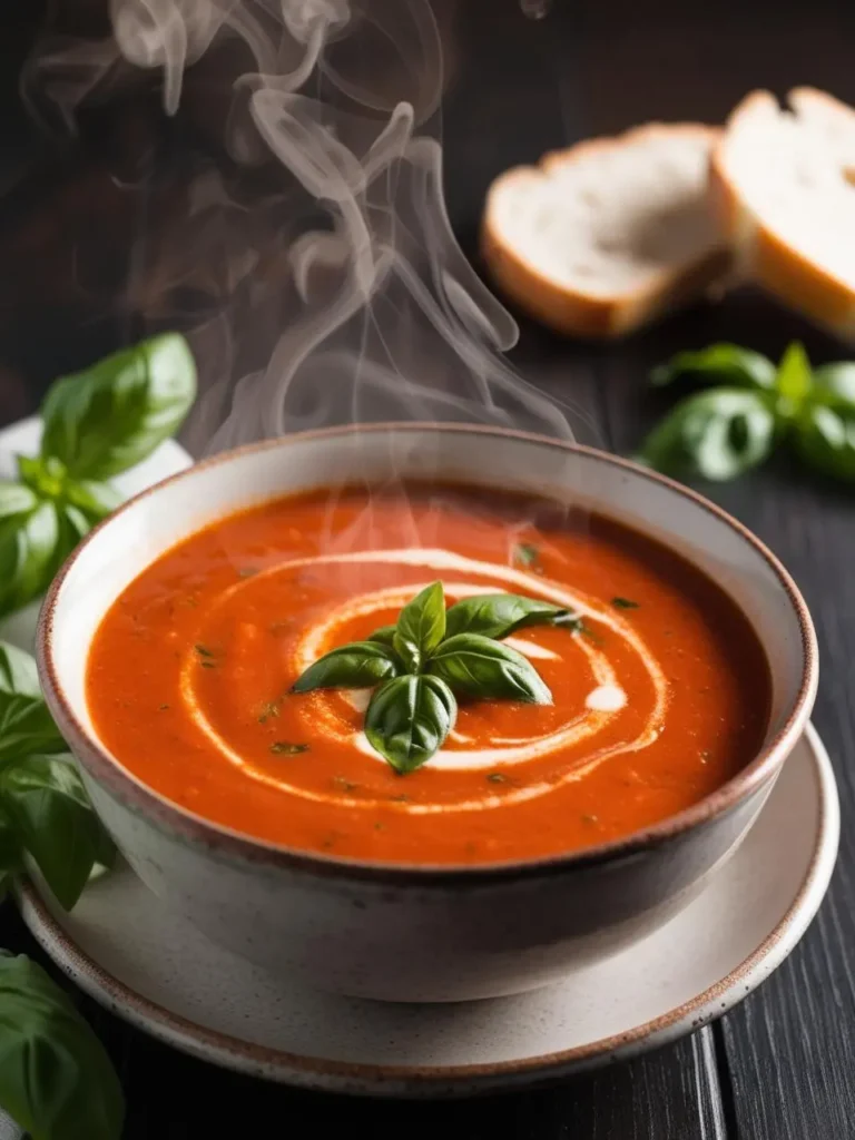 This is an image of a steaming bowl of creamy tomato basil soup, topped with a swirl of cream and fresh basil leaves. The vibrant red soup is served in a rustic bowl, with fresh bread slices and additional basil leaves in the background.