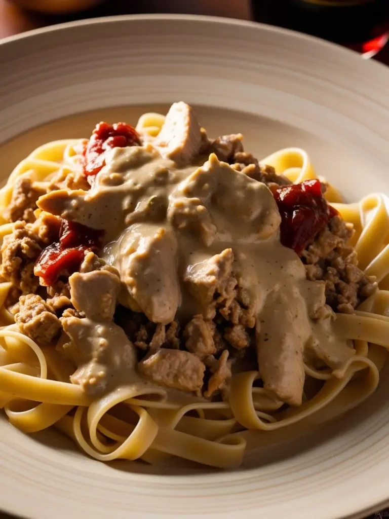 A plate of fettuccine pasta topped with a creamy sauce, ground meat, and diced tomatoes. The dish looks rich and flavorful.