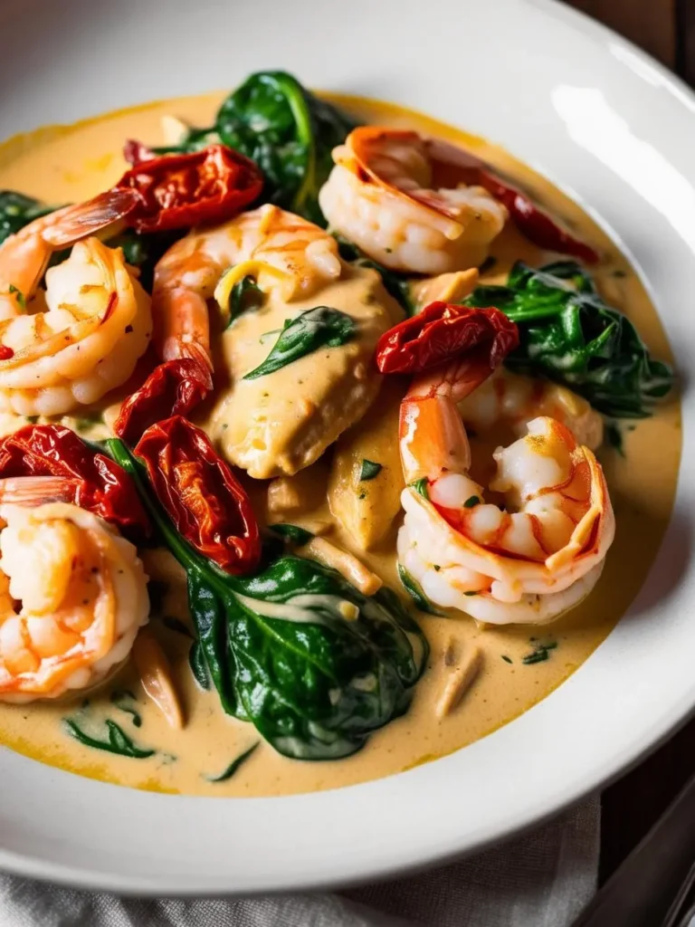 A plate of creamy shrimp and chicken pasta with spinach, sun-dried tomatoes, and fresh herbs. The dish looks rich and flavorful, with tender chicken and shrimp in a creamy sauce.