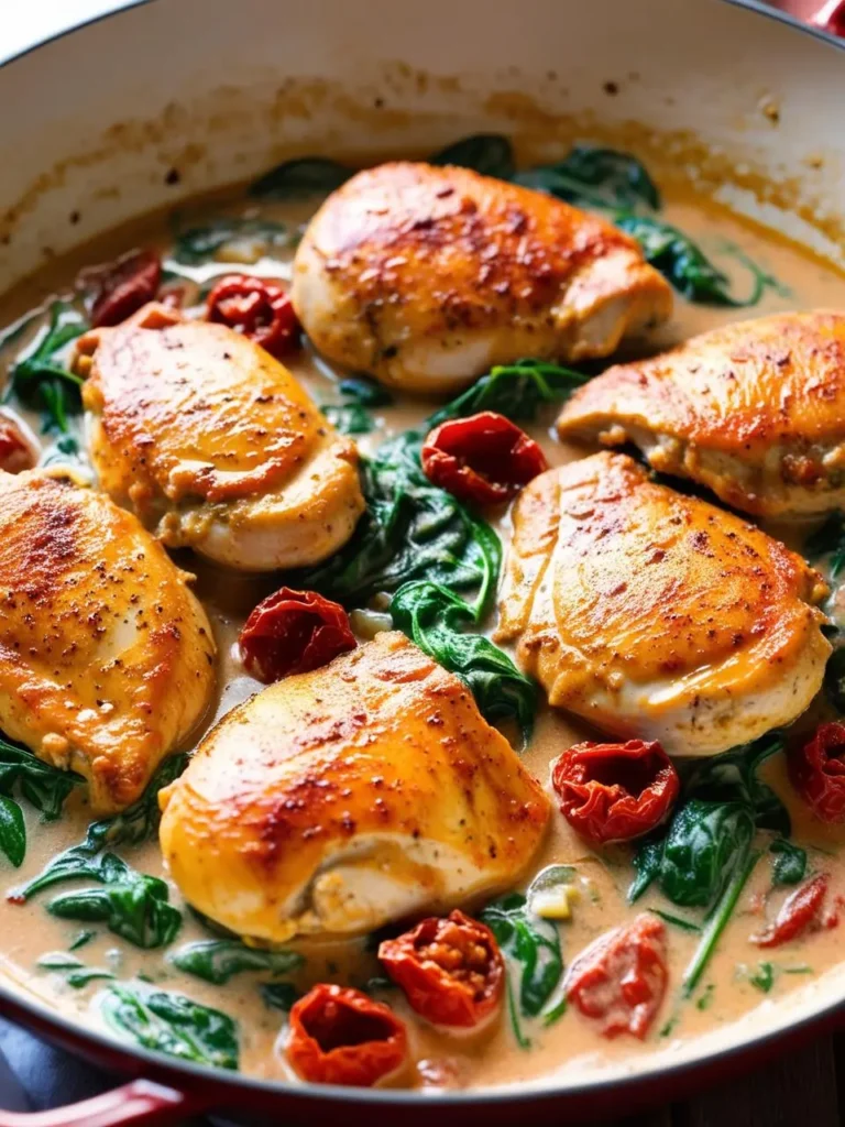 A skillet sizzling with creamy Tuscan chicken, dry tomatoes and spinach