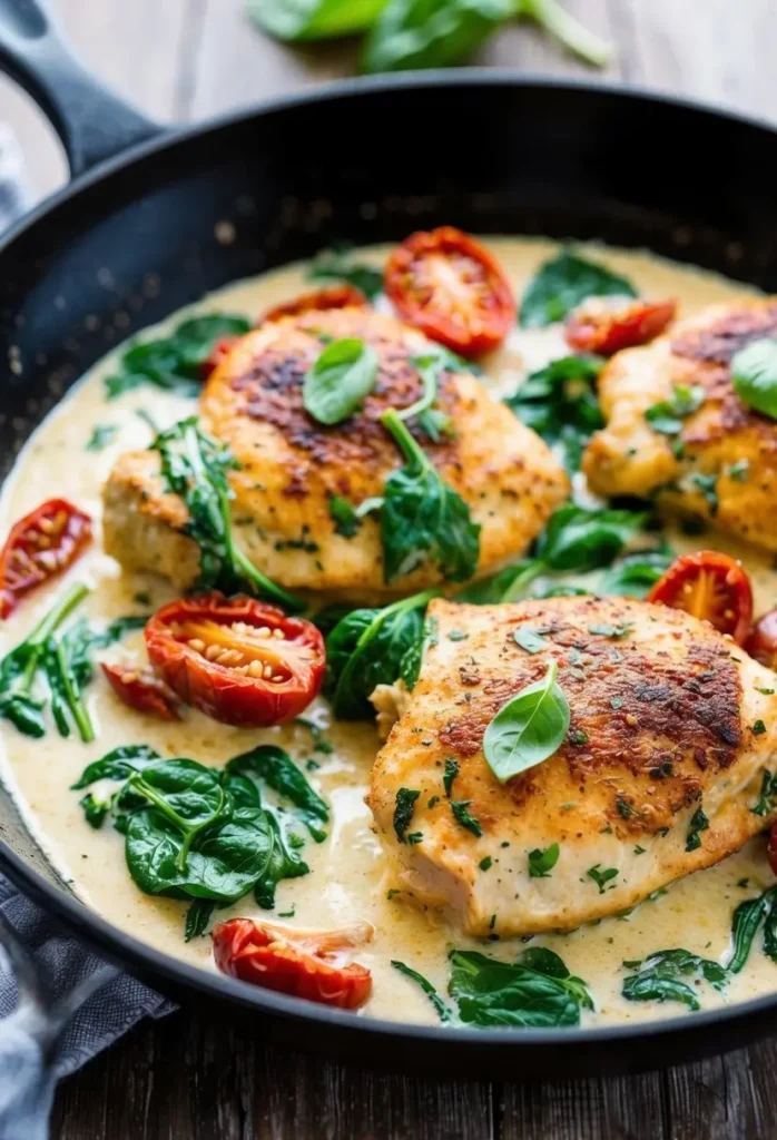 A sizzling skillet of creamy Tuscan chicken with sun-dried tomatoes and spinach