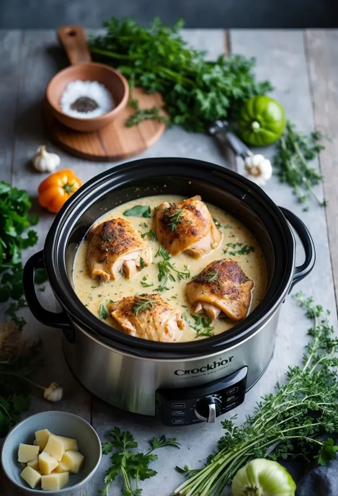 A crockpot filled with creamy Tuscan chicken thighs surrounded by fresh herbs and vegetables