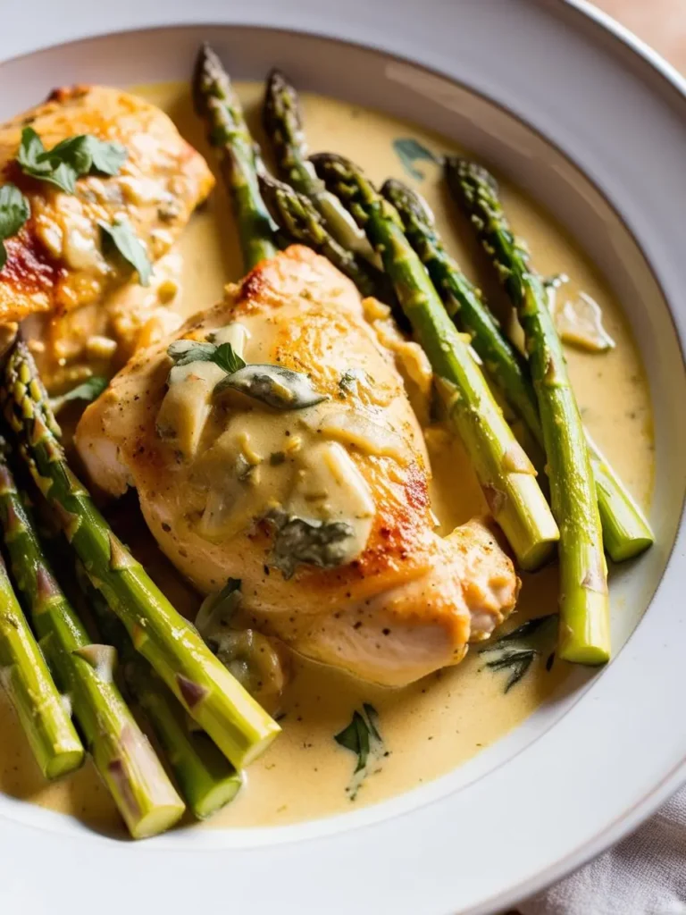 Two golden-brown chicken thighs are smothered in a creamy sauce and served with a side of asparagus spears. The dish looks incredibly appetizing and perfect for a comforting meal.