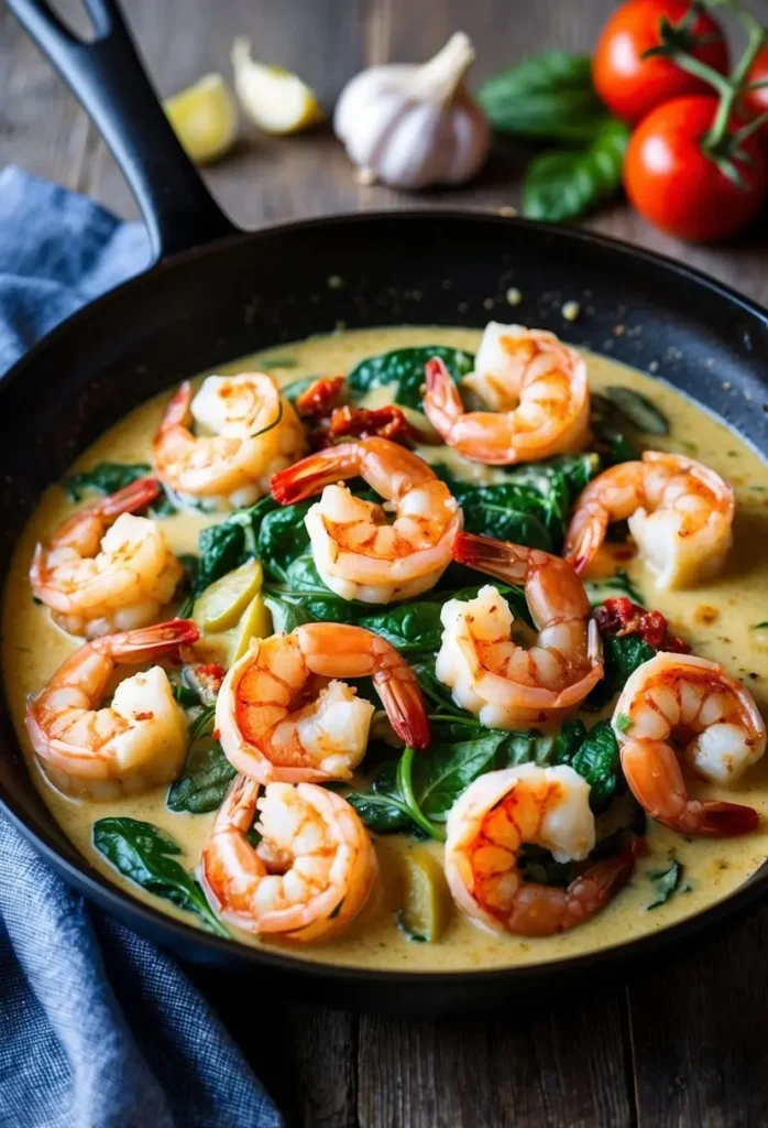 A sizzling skillet filled with plump shrimp, nestled in a creamy Tuscan sauce with sun-dried tomatoes, spinach, and garlic