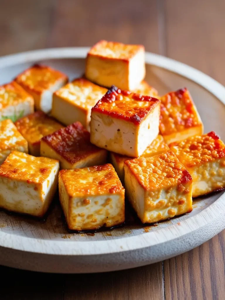 A plate of crispy tofu cubes with a golden brown crust.