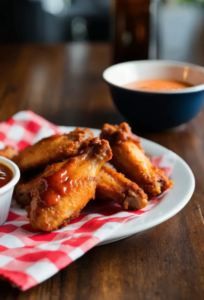 A plate of crispy BBQ chicken wings with a side of dipping sauce on a wooden table