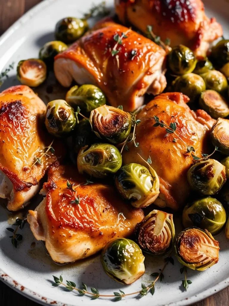 A plate of roasted chicken thighs and Brussels sprouts with fresh thyme.