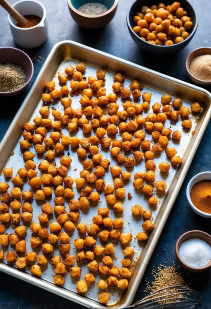 A baking sheet lined with crispy oven-roasted chickpeas surrounded by various ingredients and spices