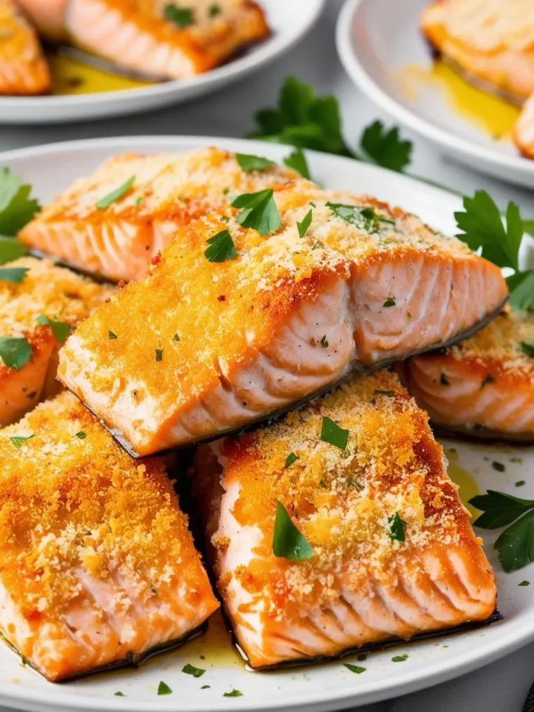 A plate of golden-brown salmon fillets, topped with a crispy breadcrumb topping. The salmon looks perfectly cooked and incredibly appetizing.