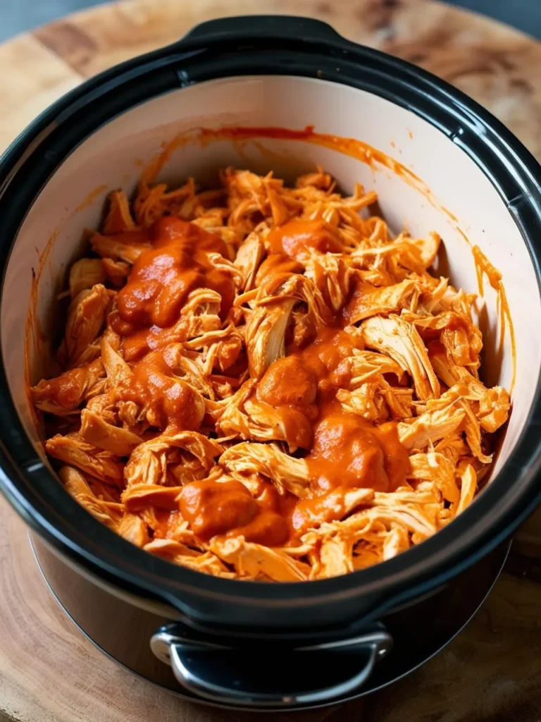 A crockpot filled with buffalo chicken on the wooden chopping board