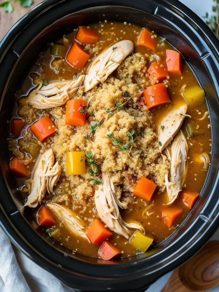 A crockpot filled with chicken and quinoa stew, featuring shredded chicken, diced carrots, bell peppers, and fresh thyme in a savory broth