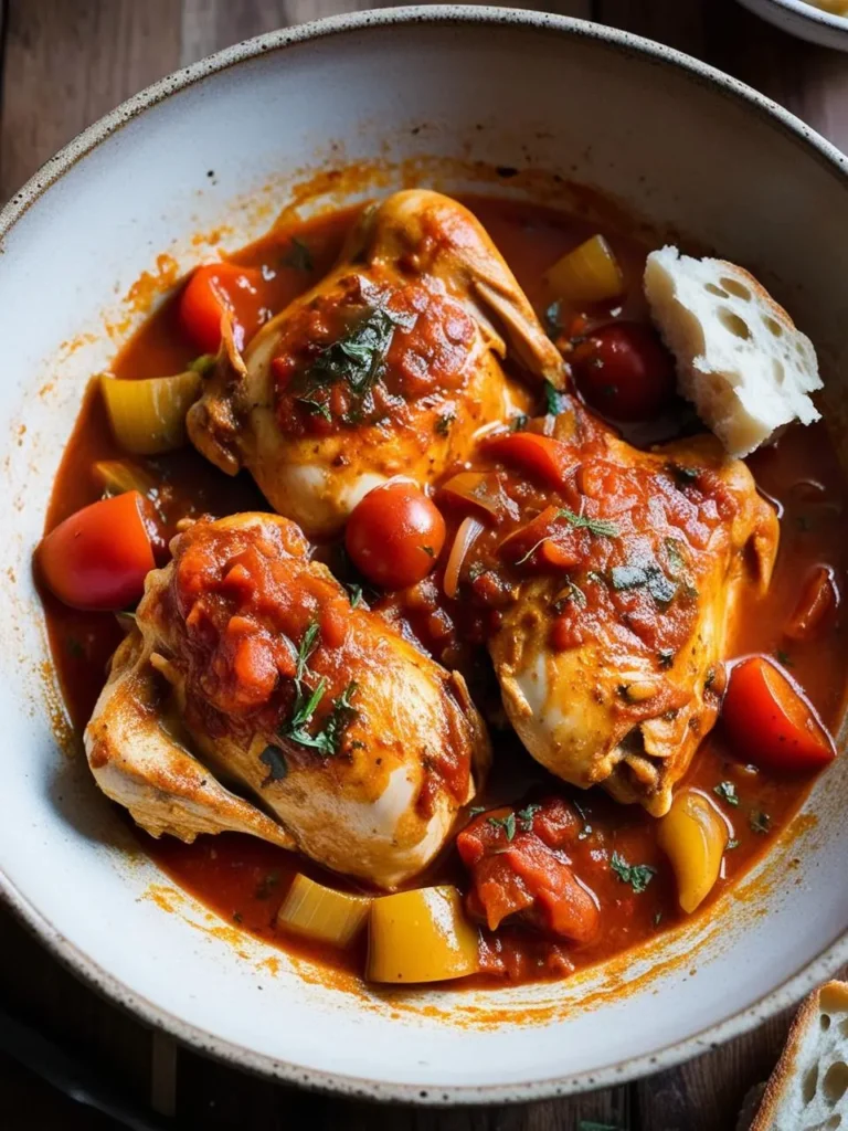 A bowl of crockpot chicken cacciatore with tender chicken pieces, cherry tomatoes, bell peppers, and fresh herbs in a rich tomato sauce, served with a slice of crusty bread.