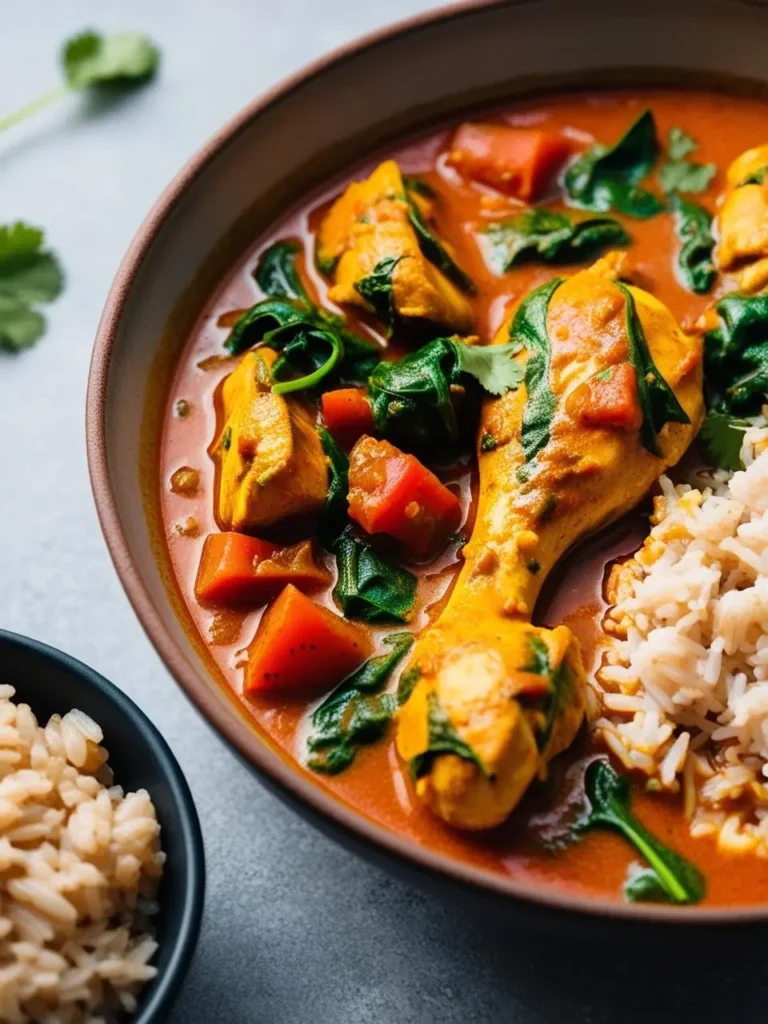 A plate with aromatic chicken curry with rice, surrounded by vibrant vegetables and herbs