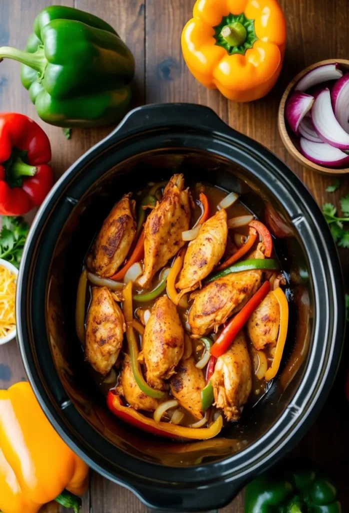 Sizzling chicken fajitas cooking in a crockpot surrounded by colorful bell peppers and onions