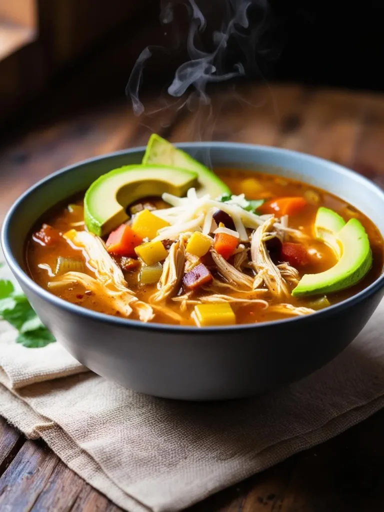 A steaming bowl of chicken tortilla soup with shredded chicken, diced vegetables, avocado slices, and a sprinkle of shredded cheese, served in a gray bowl on a rustic wooden table.