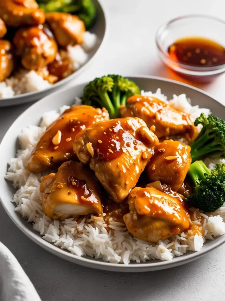 A crockpot filled with honey garlic chicken on the plate with cooked rice and broccoli