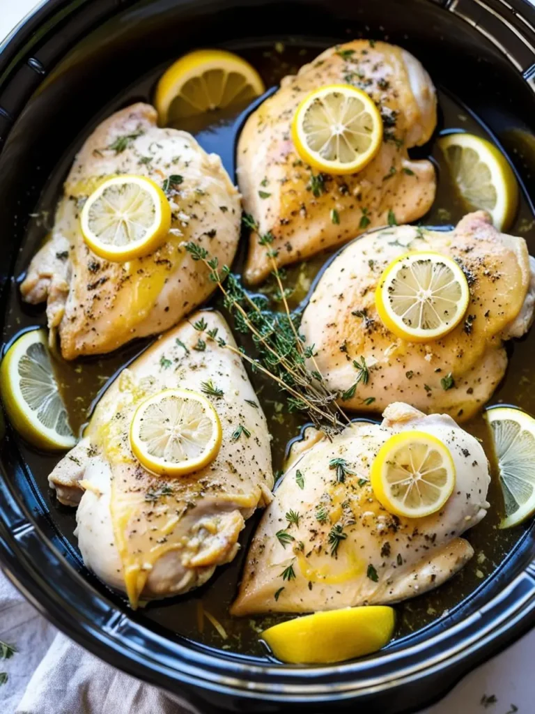 A crockpot filled with lemon herb chicken 