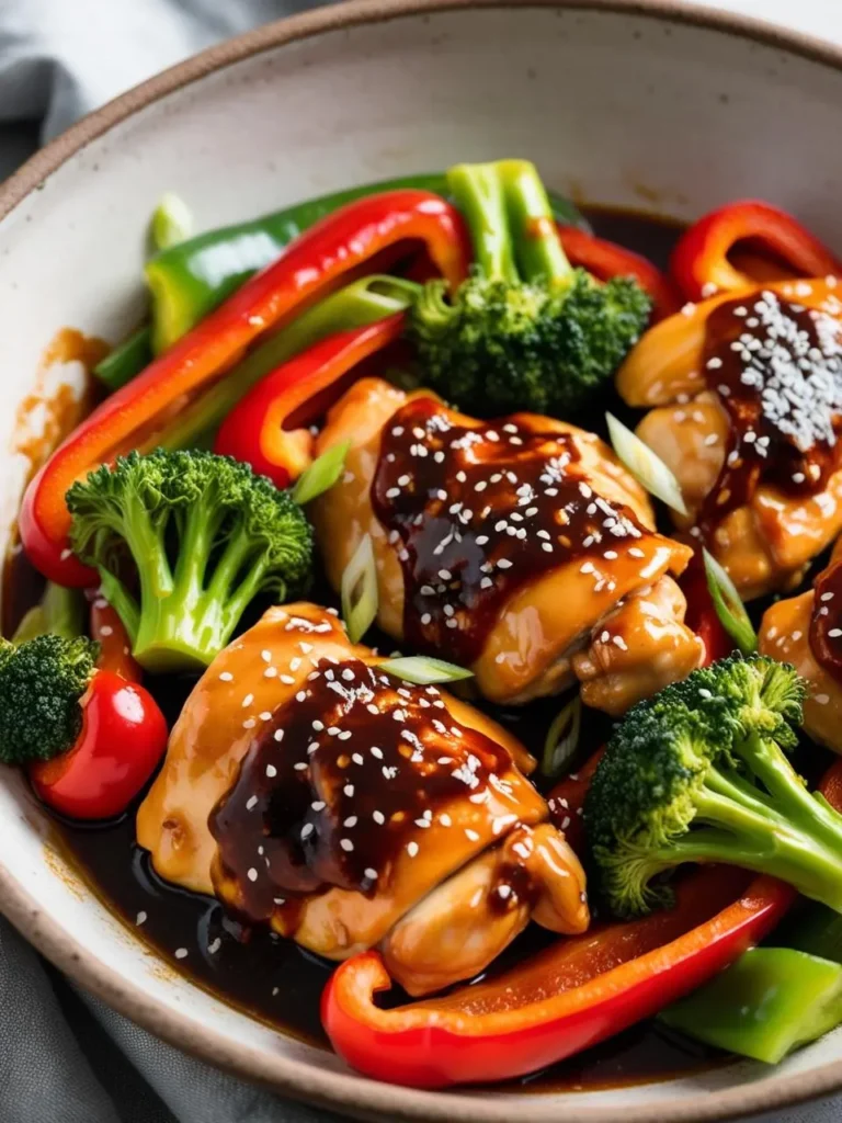 A bowl of crockpot teriyaki chicken garnished with sesame seeds, served with broccoli florets and red and green bell pepper slices, all coated in a rich teriyaki sauce.