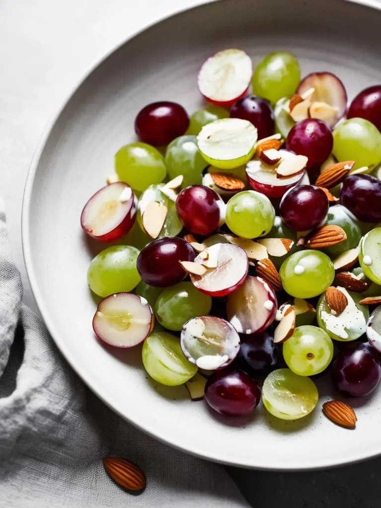 A bowl of refreshing grape salad with red and green grapes, drizzled with a creamy dressing and topped with sliced almonds.