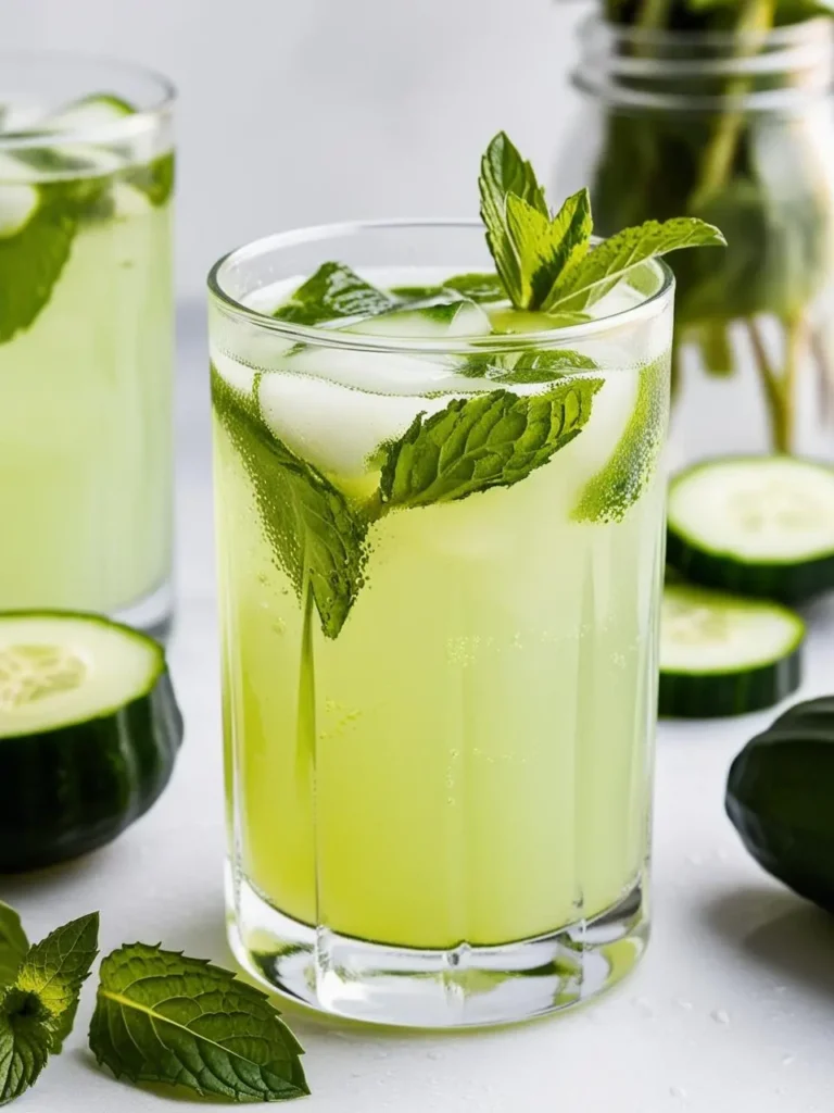 Glass of refreshing cucumber mint juice with ice cubes and fresh mint leaves, creating a cooling and hydrating appearance. Sliced cucumbers and additional mint leaves are scattered on a white surface around the drink. The soft green color and fresh ingredients emphasize a light and detoxifying feel, perfect for a revitalizing juice cleanse.