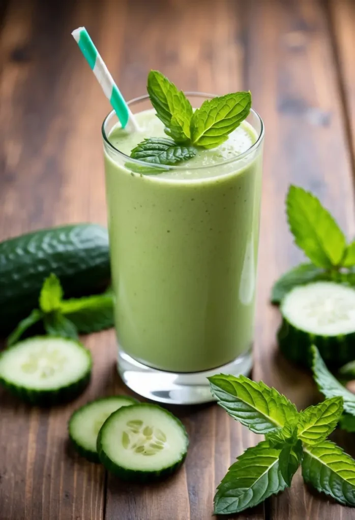 A glass of cucumber mint smoothie surrounded by fresh cucumber slices and mint leaves on a wooden table