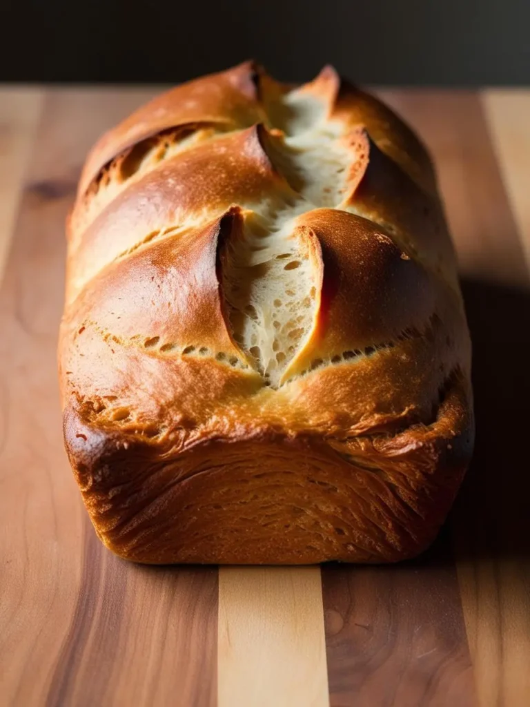 A golden-brown loaf of freshly baked bread, with a slightly crispy crust and a soft, fluffy interior. The bread has a beautiful, rustic appearance, with cracks and crevices in the crust. It's resting on a wooden cutting board, ready to be sliced and enjoyed.